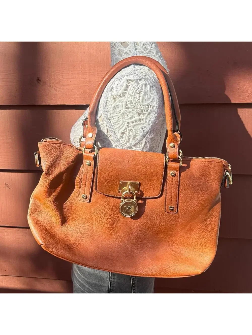 Michael Kors Hamilton Cognac Leather Shoulder Bag - Picture 1 of 8